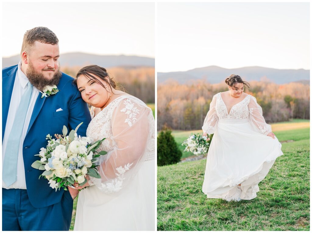 bride twirling her dress outside at spring Virginia wedding 