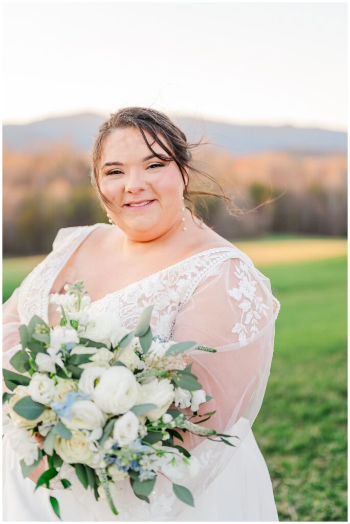 bride holding her wedding bouquet at the Glass Hill Venue in Virginia 