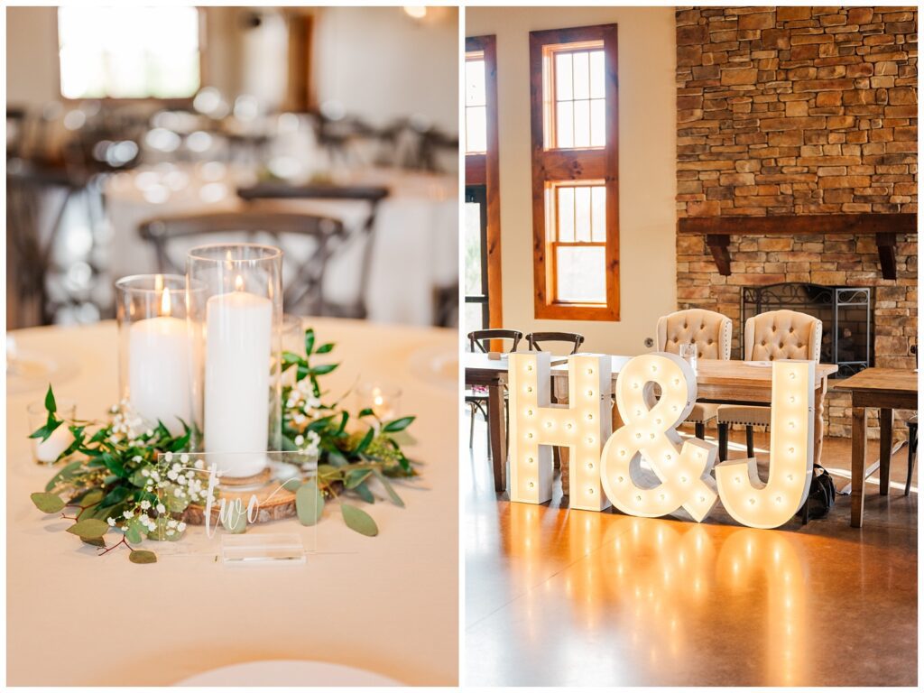 large letter lights at wedding reception at the Glass Hill Venue