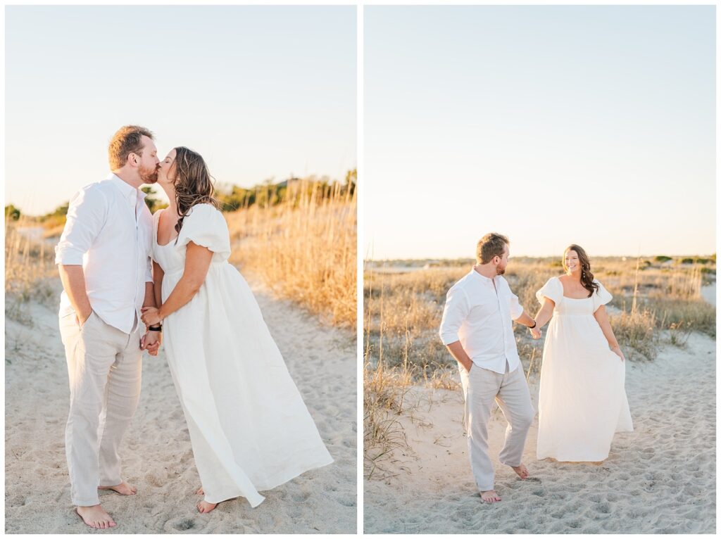 engagement couple walking together on the sand in Wrightsville Beach