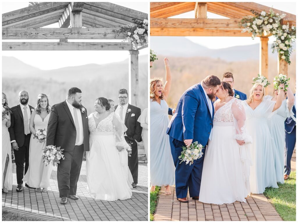 bride and groom kiss while walking ahead of bridal party