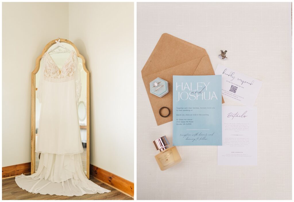 ivory colored wedding dress hanging from a floor mirror 