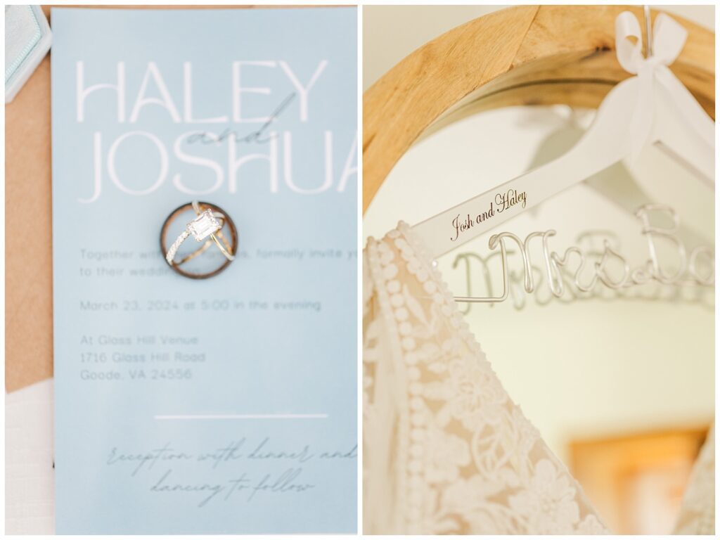 couple's wedding rings sitting on top of a blue invitation suite 