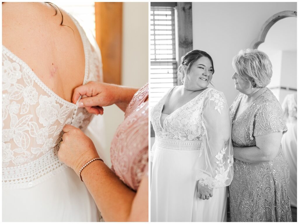 bride's mom zipping the bride into her wedding dress while getting ready