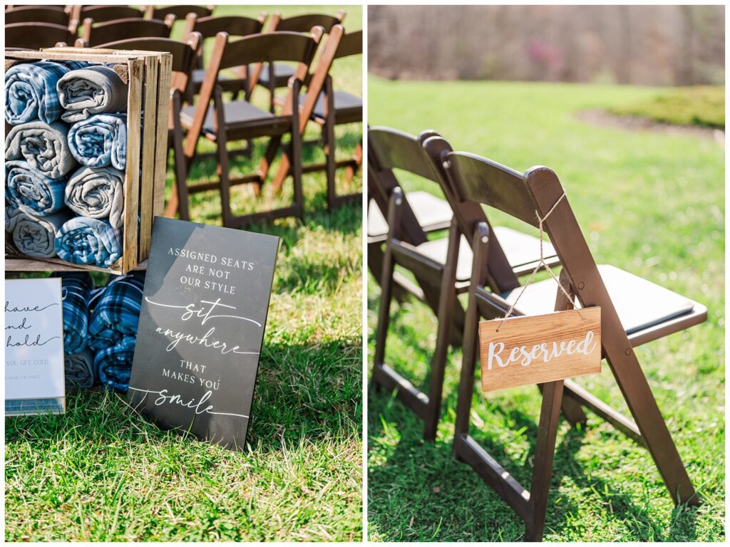 ceremony details outside with blankets to stay warm at Glass Hill Venue