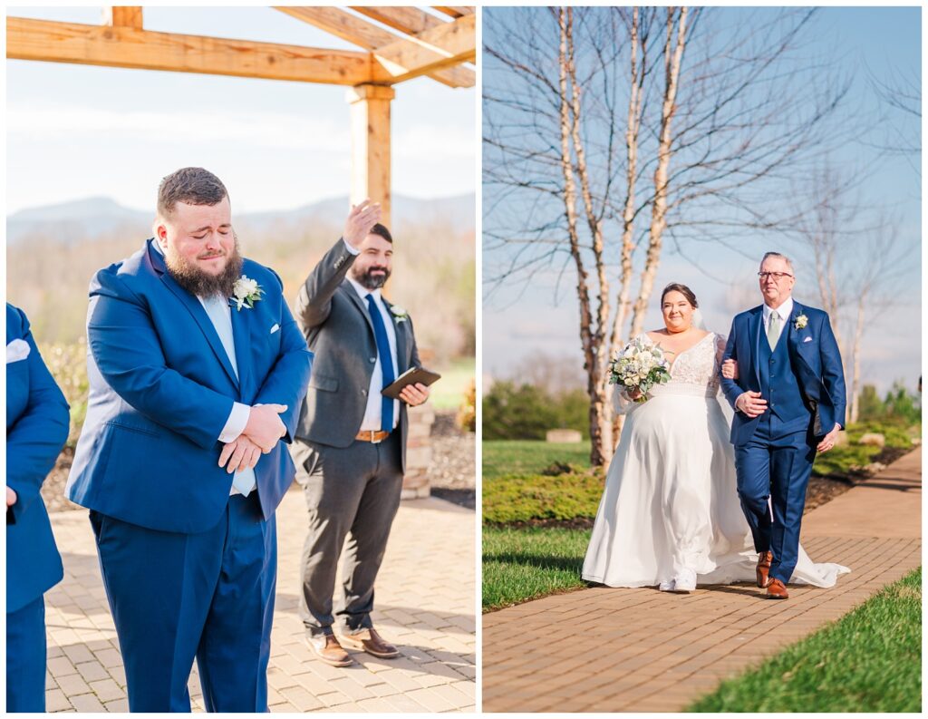 groom crying watching the bride come down the aisle with her dad 