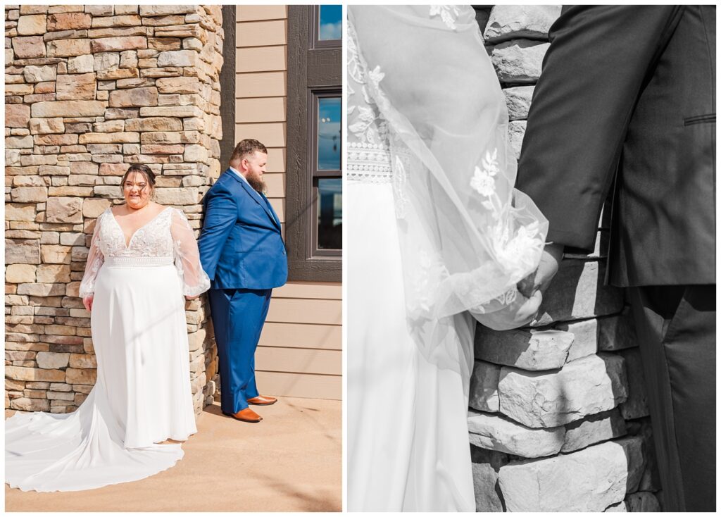 bride and groom having first touch with each other at the Glass Hill Venue