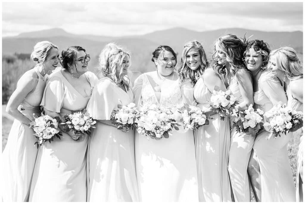 bridal party posing with the bride at Virginia mountains wedding venue