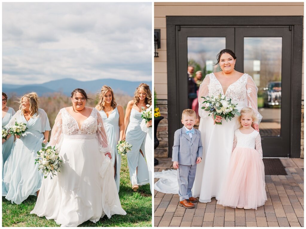 bride posing with the flower girl and ring bearer outside at Glass Hill Venue