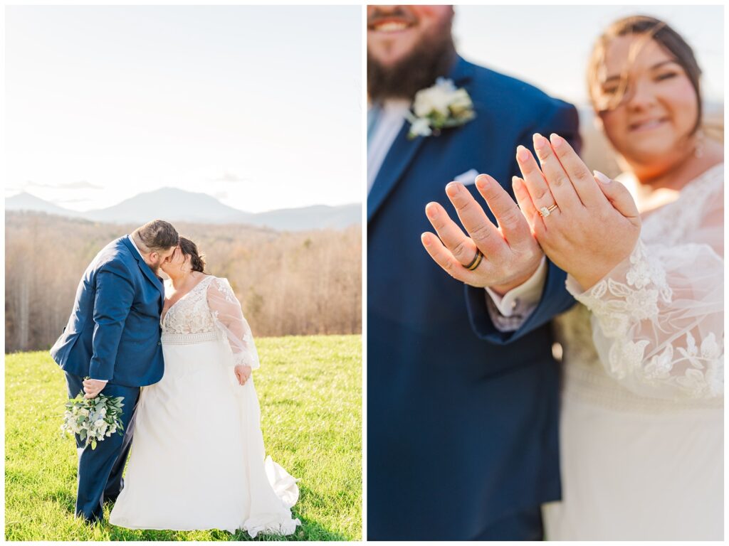 bride and groom showing off their rings in front of the Virginia mountains