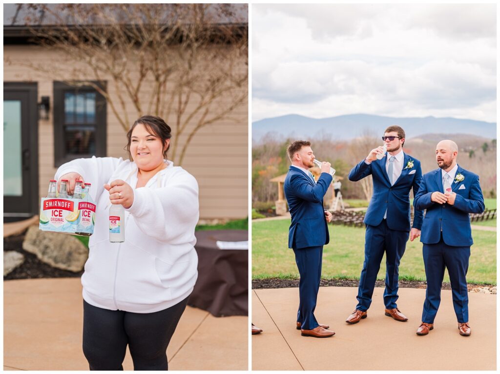 bride bringing a pack of Smirnoff Ice for the groomsmen at Glass Hill Venue