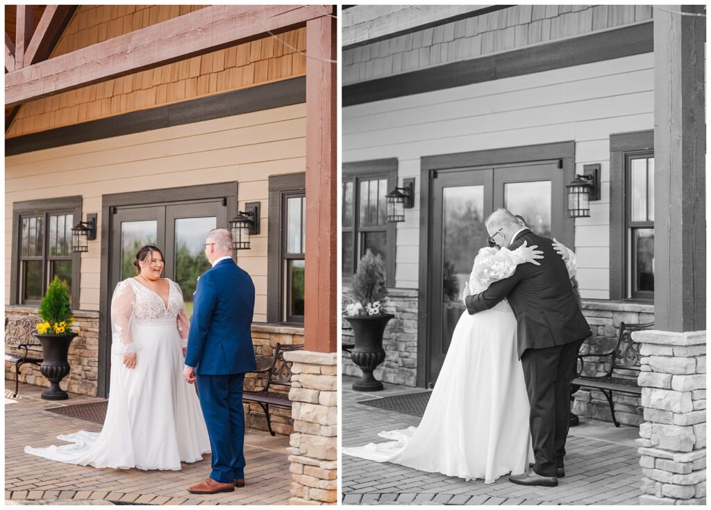 bride having a first look with her dad at Virginia wedding venue