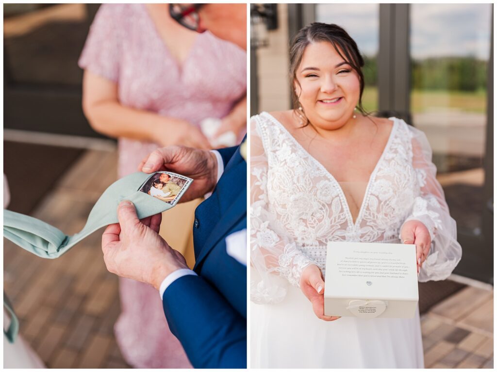 bride showing a gift from her parents during a first look