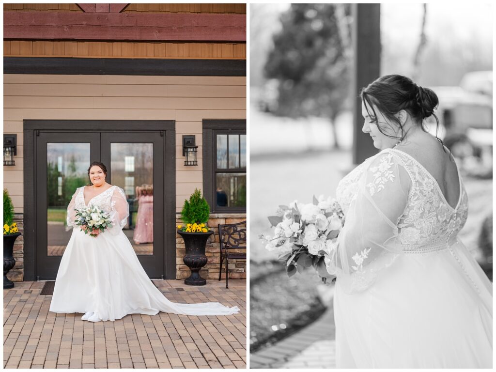 bride posing outside the wedding venue in the Virginia mountains 