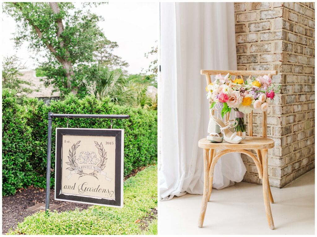 bouquet and wedding shoes sitting on top of a chair next to a window