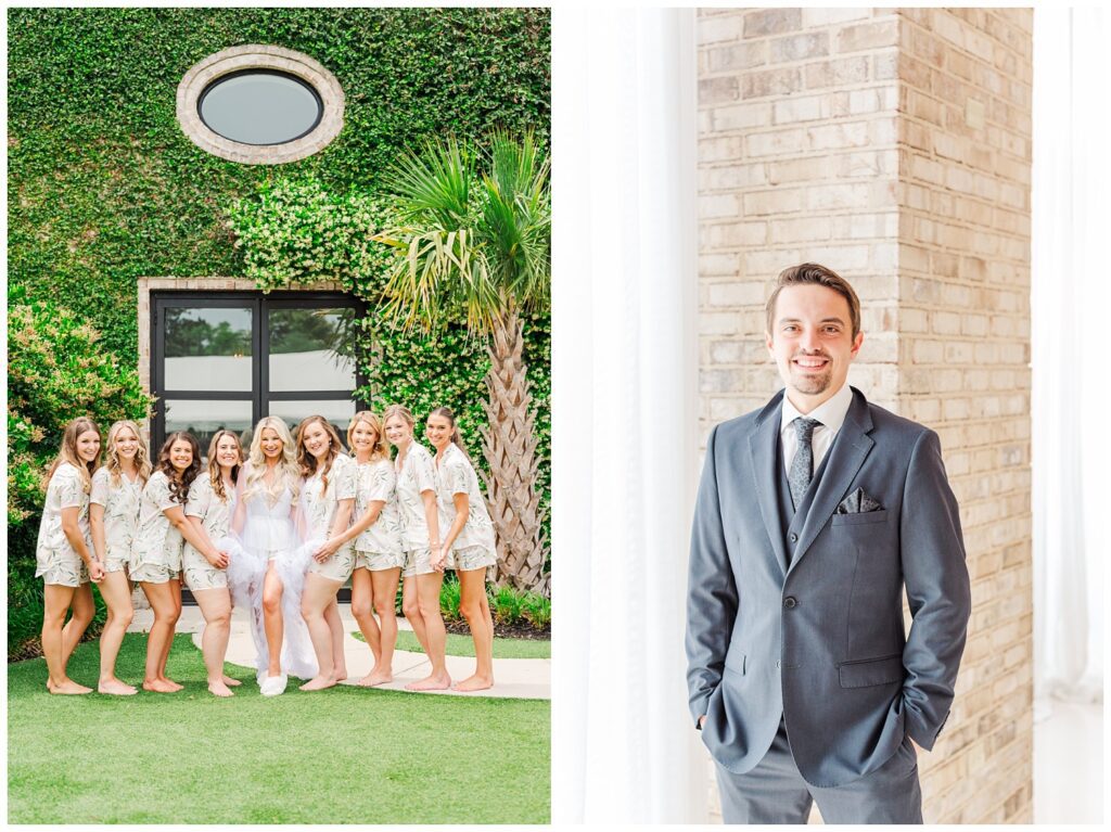 groom posing next to a window in front of a brick wall