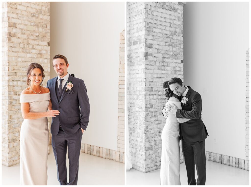 groom hugging his mom before the ceremony at Wrightsville Manor wedding