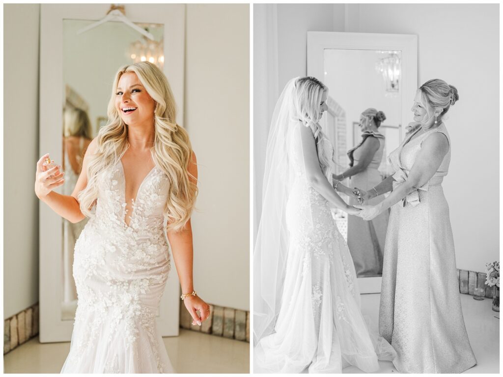 bride spraying her favorite perfume while getting ready for Virginia wedding