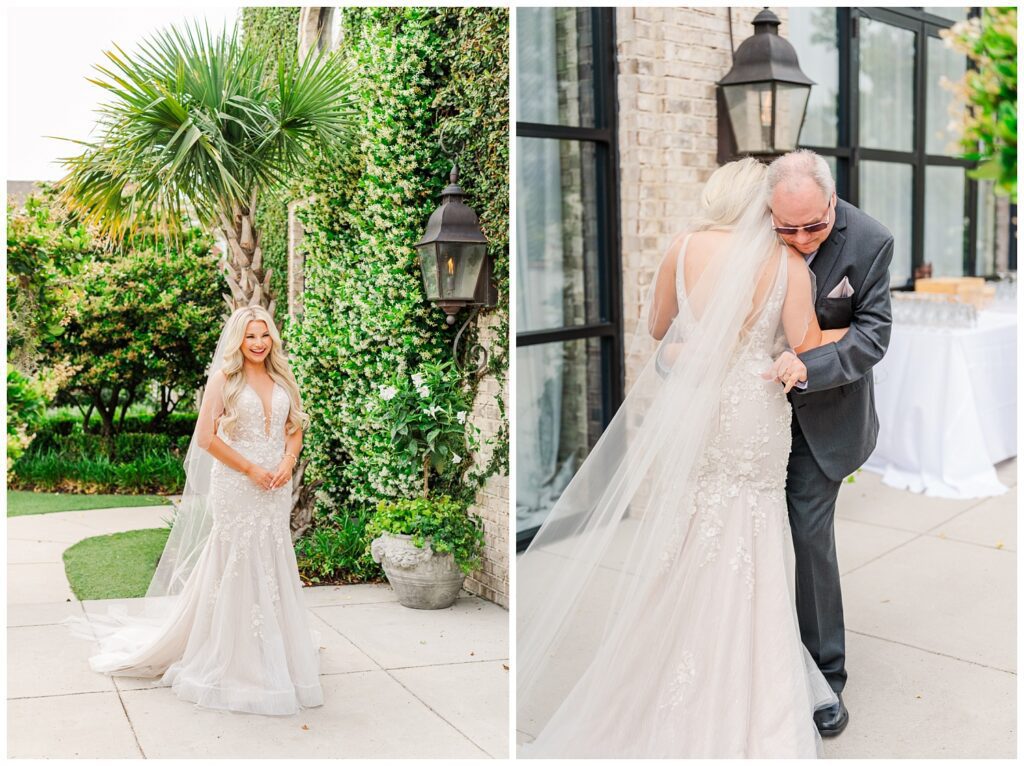 bride having a first look with her dad outside the wedding venue in Virginia