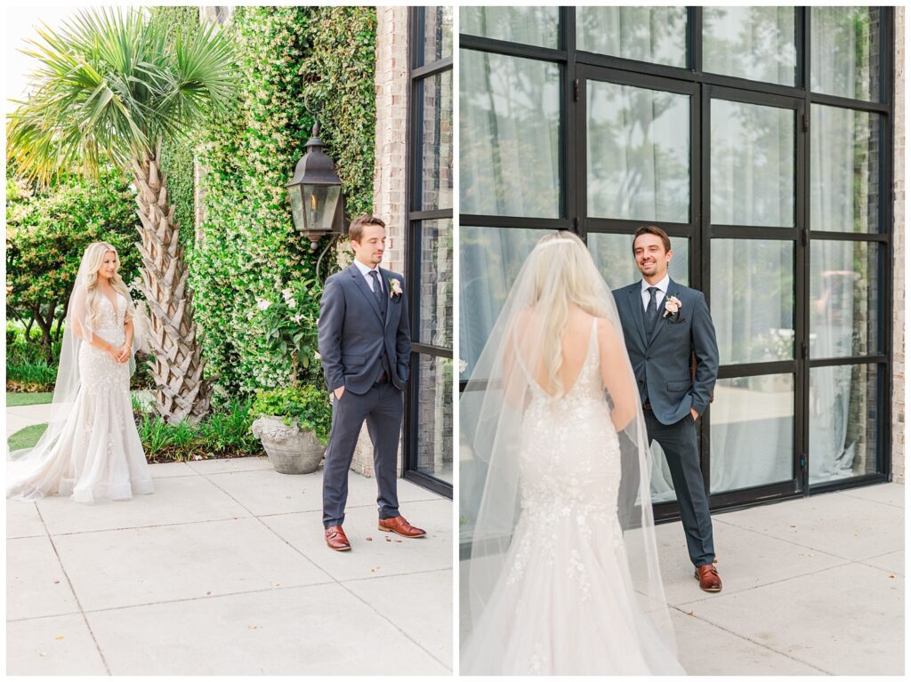 bride and groom having a first look together before the outdoor ceremony