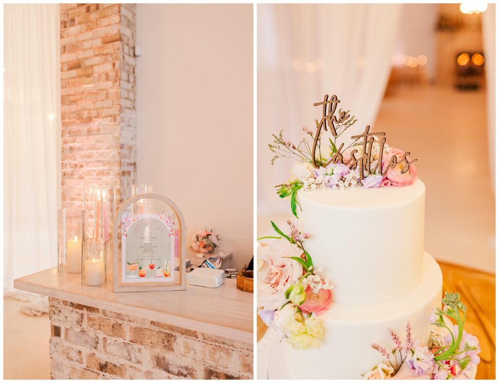 white wedding cake with pastel flowers in the reception room at Wrightsville Manor 