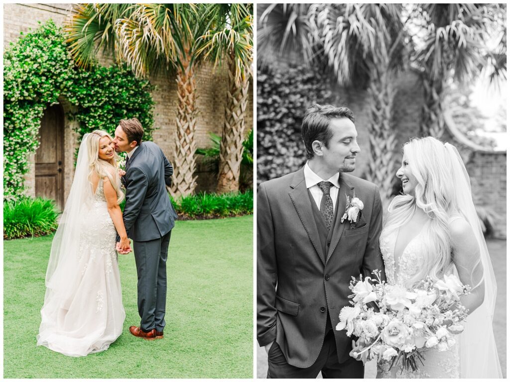 bride and groom posing in front of palm trees at Wilmington wedding venue