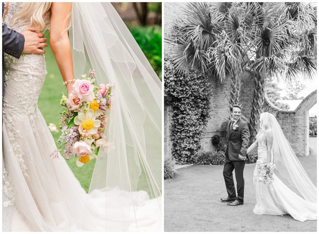 bride holding her bouquet down by her side at Wrightsville Manor venue