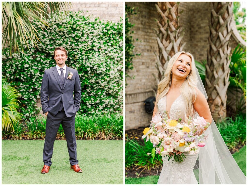 individual portraits of the bride and groom outside before the ceremony in Wilmington