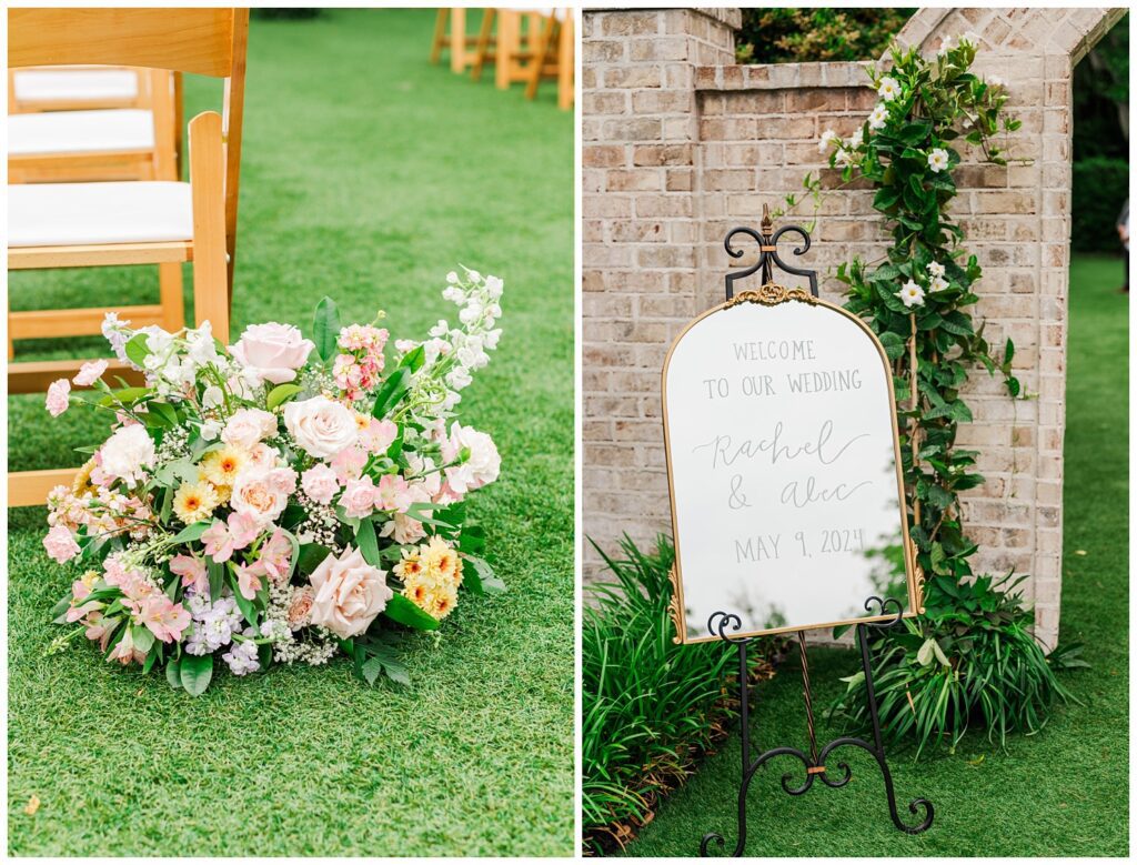 ceremony florals and welcome sign at Wrightsville Manor wedding