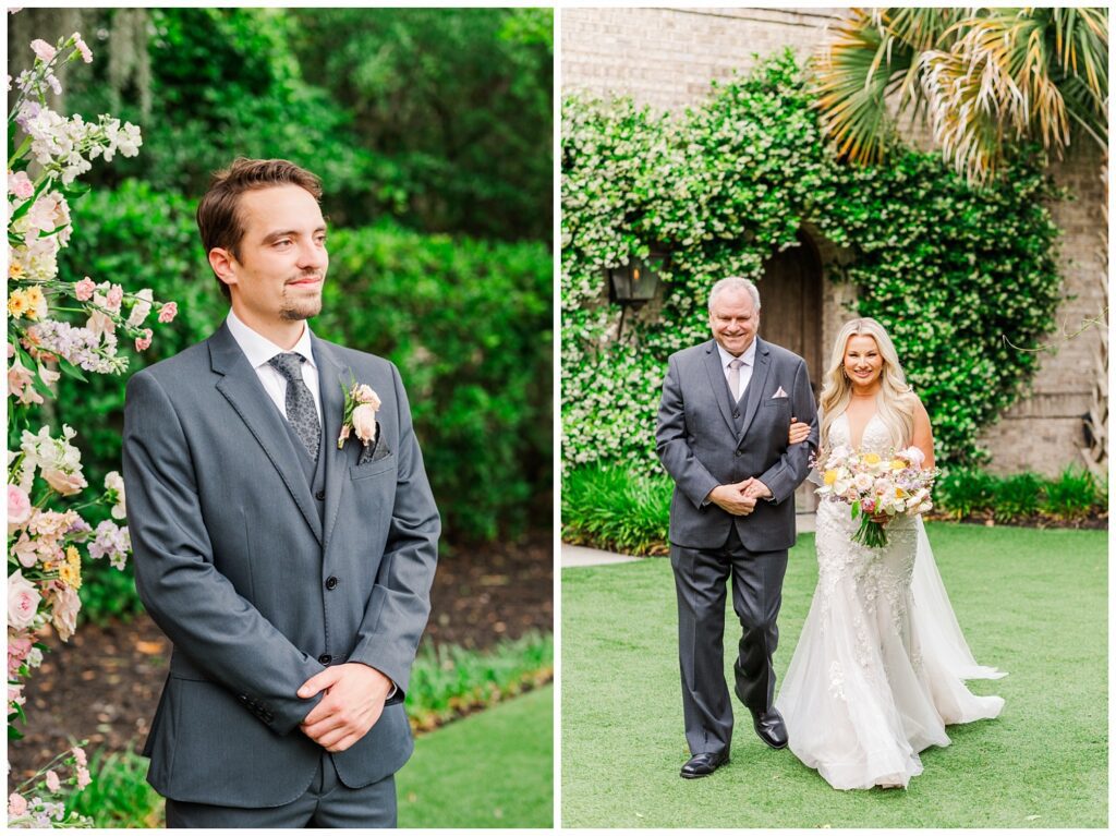 groom watching the bride walking down the aisle with her dad 