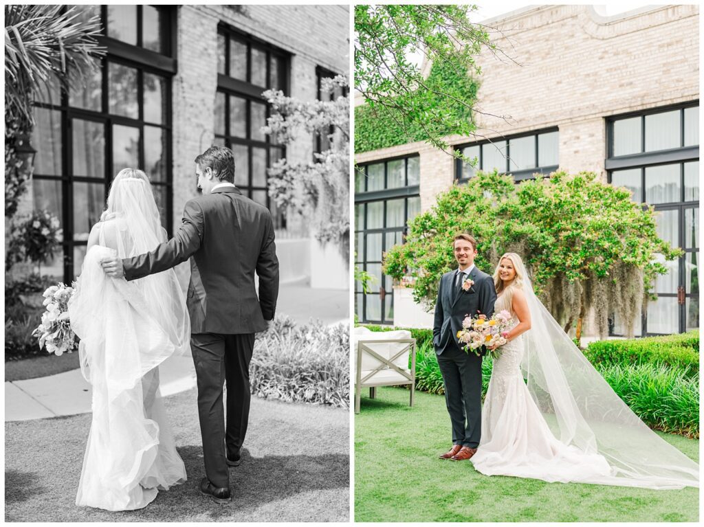 bride and groom walking away together towards the wedding venue