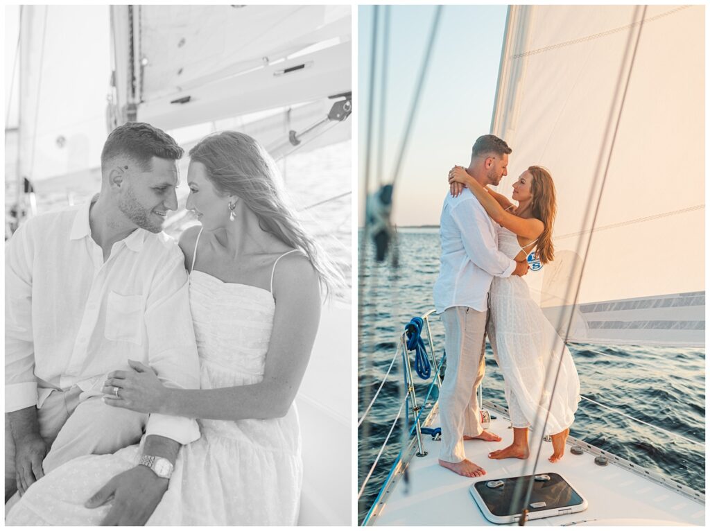 woman wrapping her arms around her fiance while riding a sailboat on the water