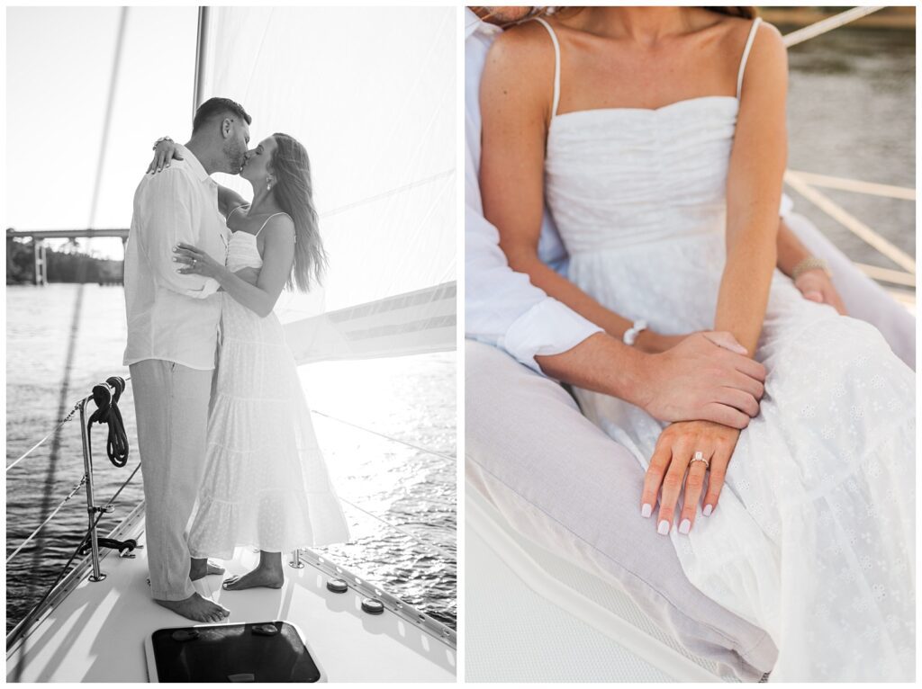 detail of fiancee's ring while on a sailboat for Carolina Beach engagement session