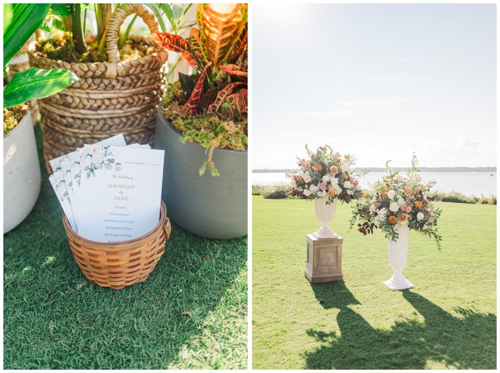 wedding programs sitting in basket surrounded by plants 