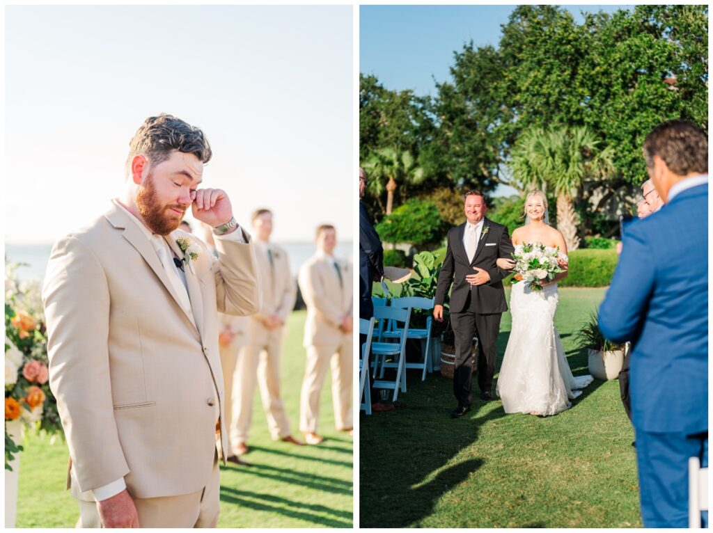 groom crying as the bride and her dad walk down the aisle towards the altar site