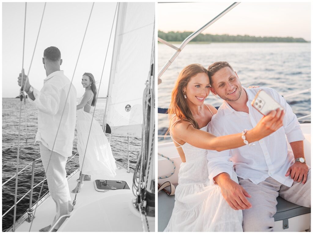 fiancee taking a picture of her and her fiance on a sailboat engagement session