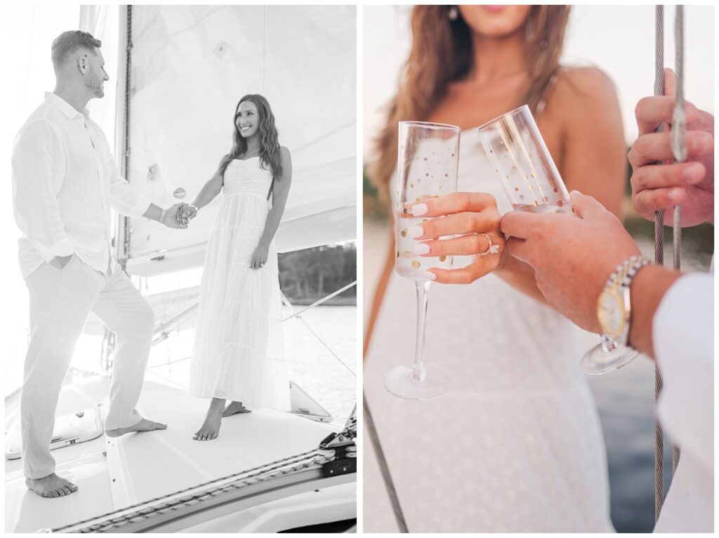 couple toasting champagne with gold confetti glasses on a sailboat in Carolina Beach