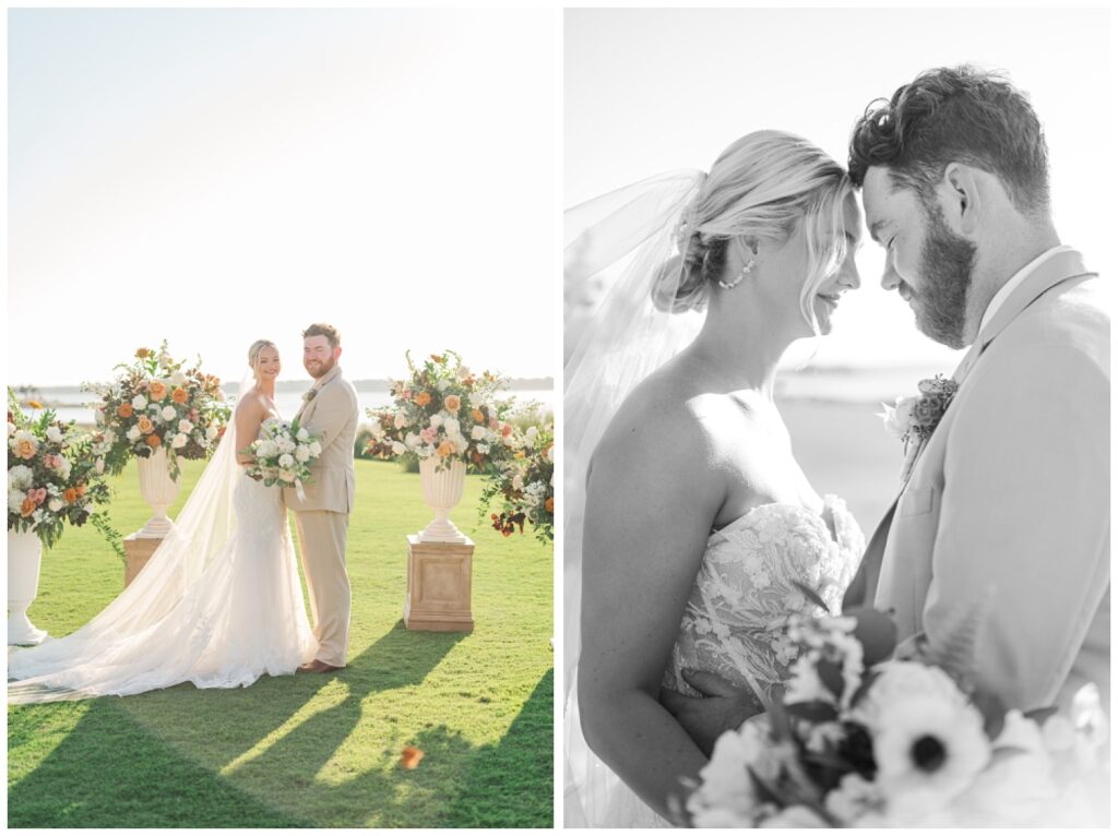 groom and bride portraits on the golf course after outdoor ceremony