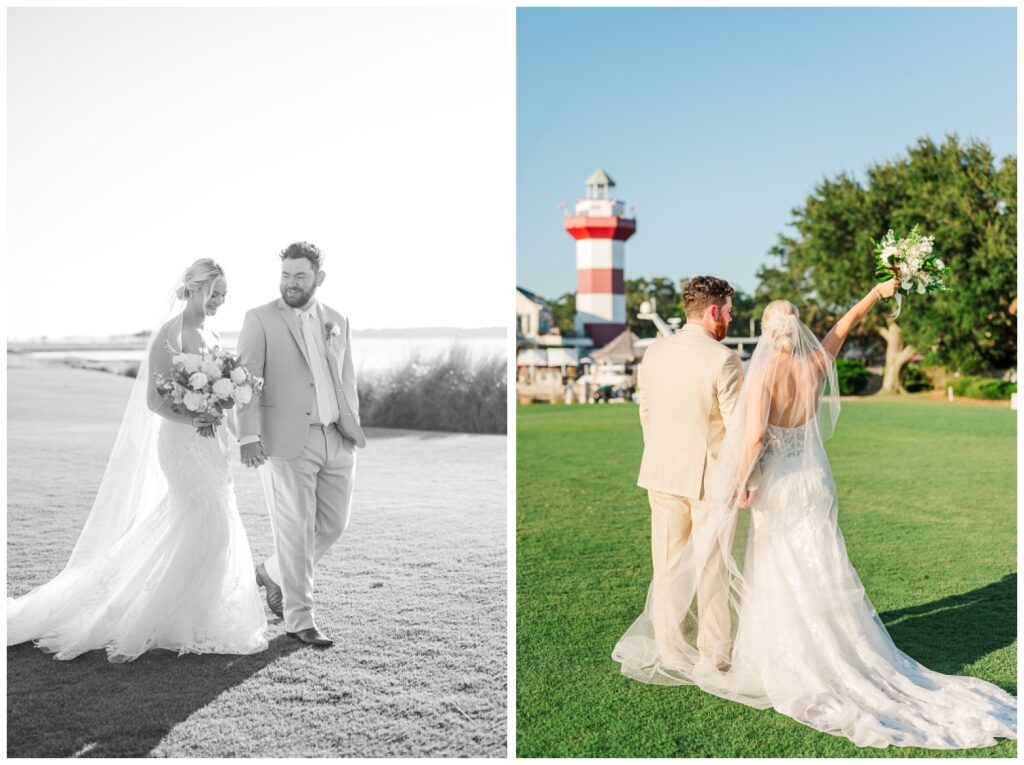 bride and groom walking back towards the resort on the Sea Pines golf course