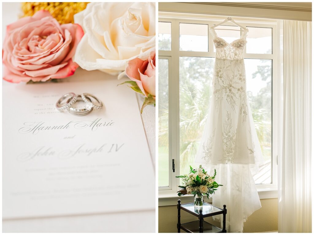 white off shoulder lace wedding dress hanging from a window 