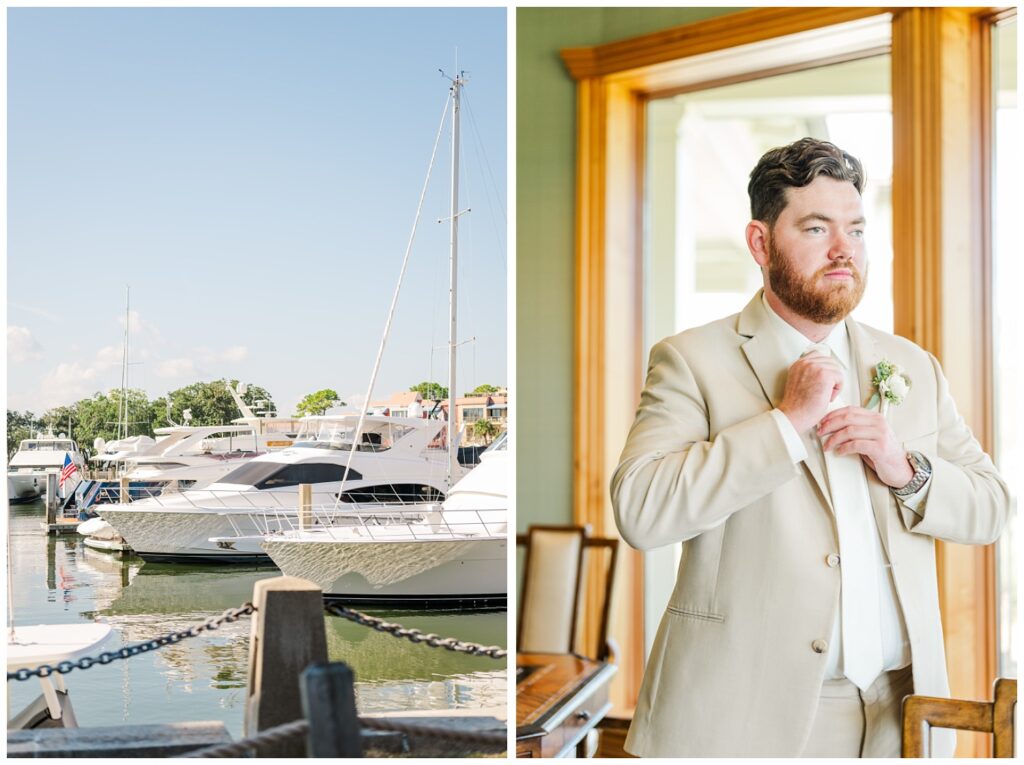 groom adjusting his ivory tie while getting ready before wedding in Hilton Head