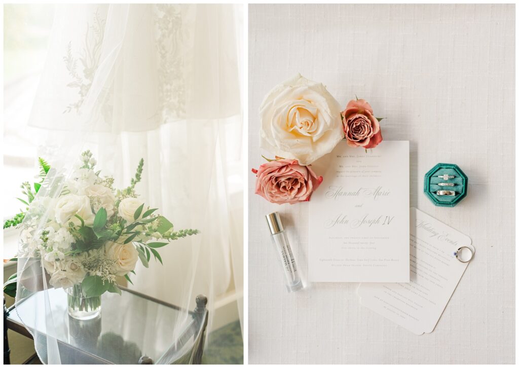 bride's bouquet sitting on a glass table with veil draped over the top