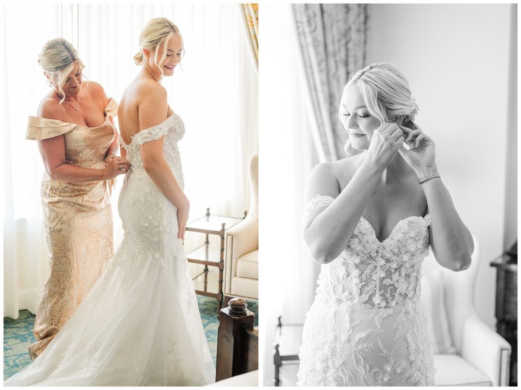 bride's mom zipping up her lace wedding dress while she looks to the side