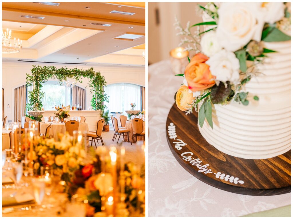 detail of wooden tray holding wedding cake showing the couple's last name