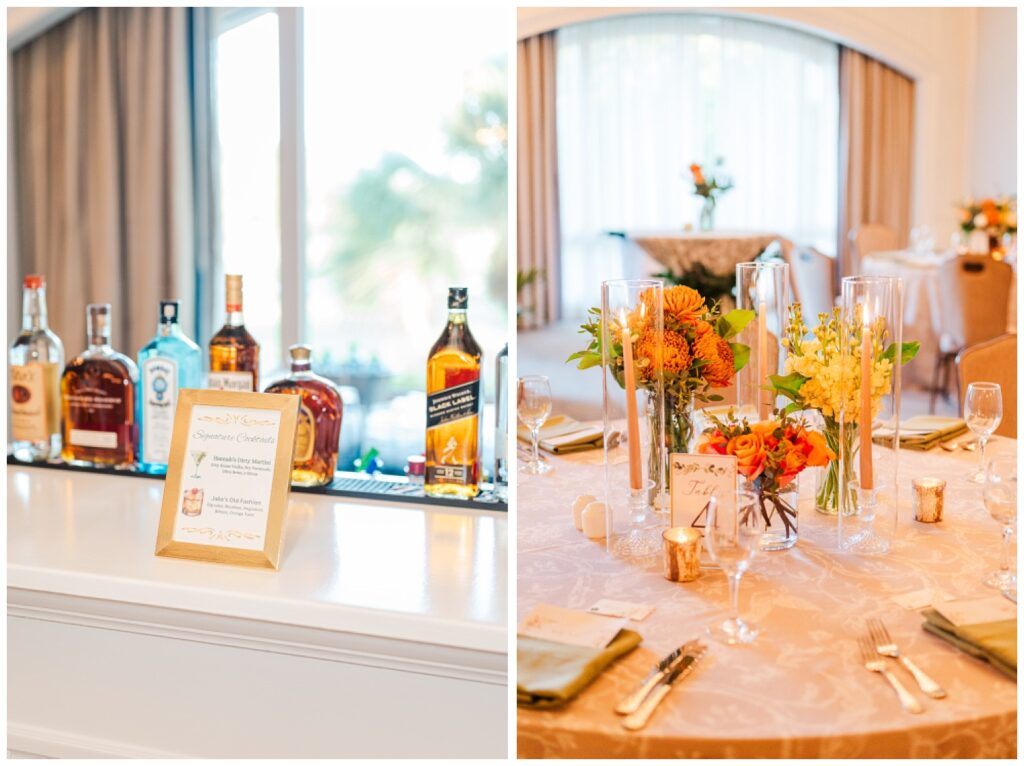 table centerpieces with flowers and candles at Sea Pines Resort wedding reception