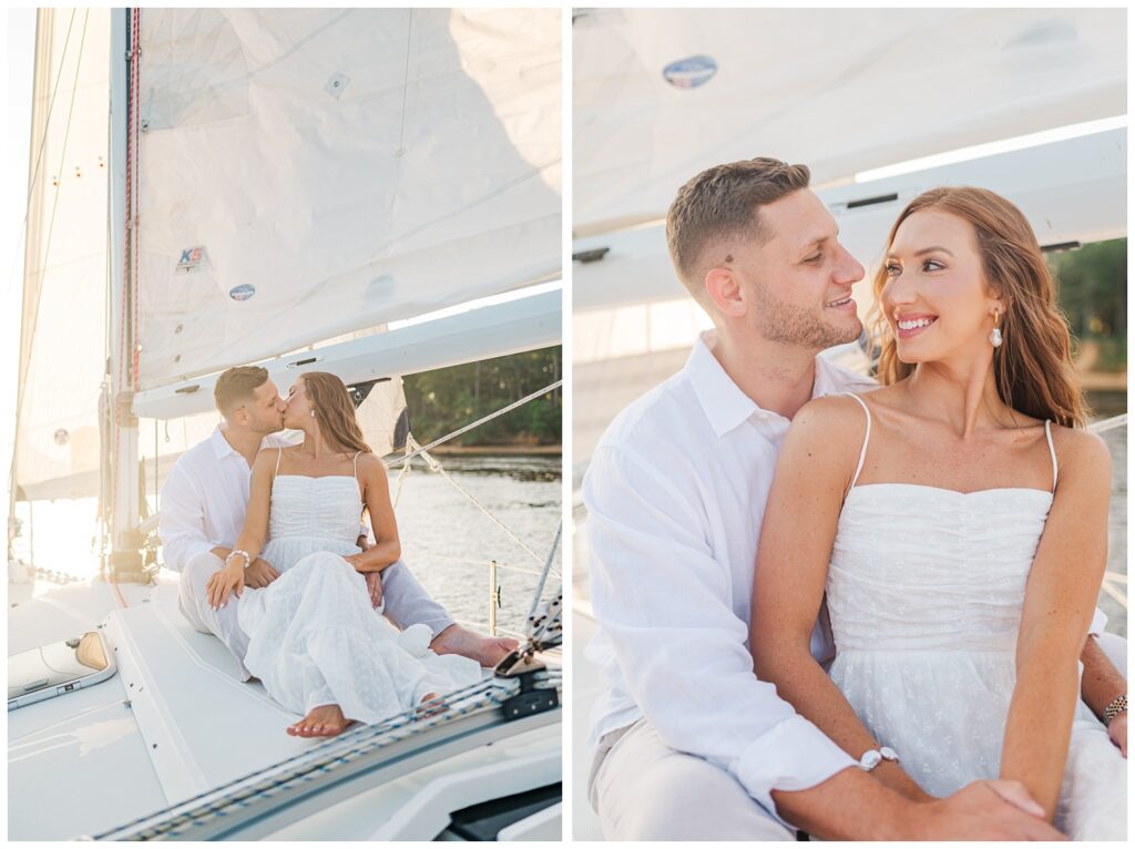 couple smiling at each other on a boat on the water for engagement