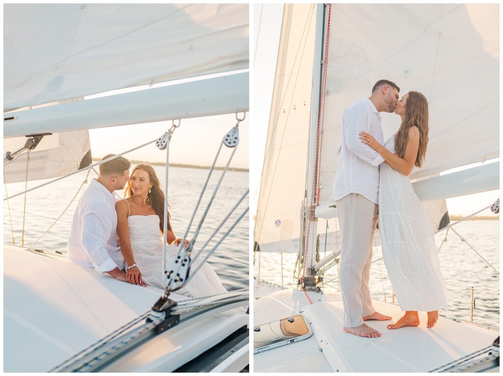 guy and girl kissing on a sailboat for NC engagement session