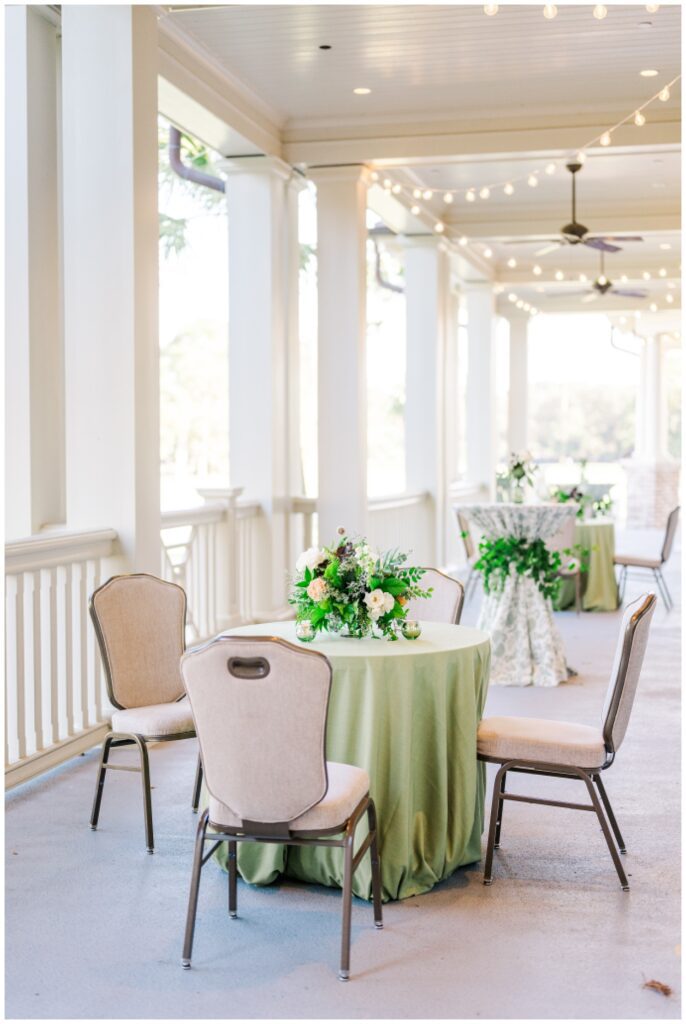 cocktail hour details of tables and centerpieces at the Sea Pines Resort 