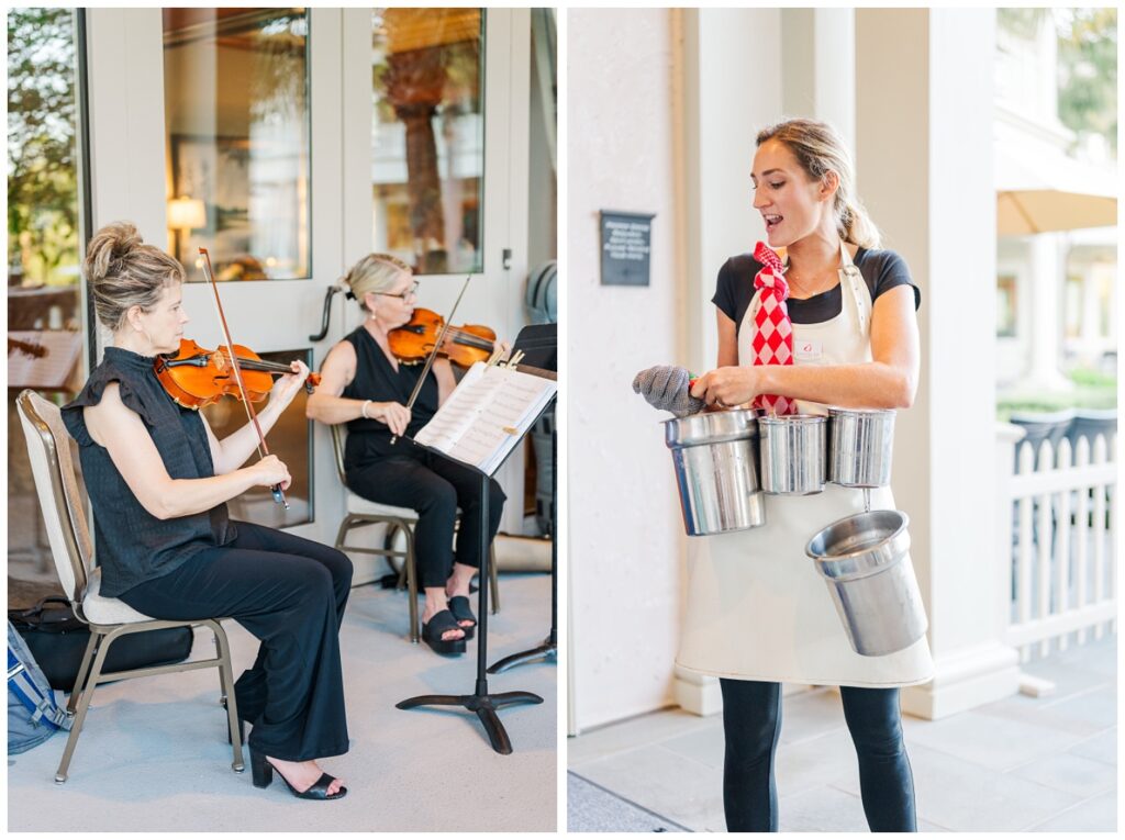 string quartet playing on the patio at cocktail hour for Sea Pines Resort wedding 