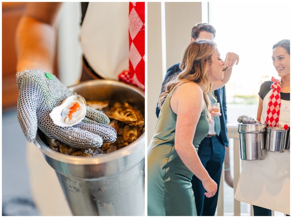 bridesmaid eating a freshly shucked oyster from waitress during Sea Pines Resort wedding